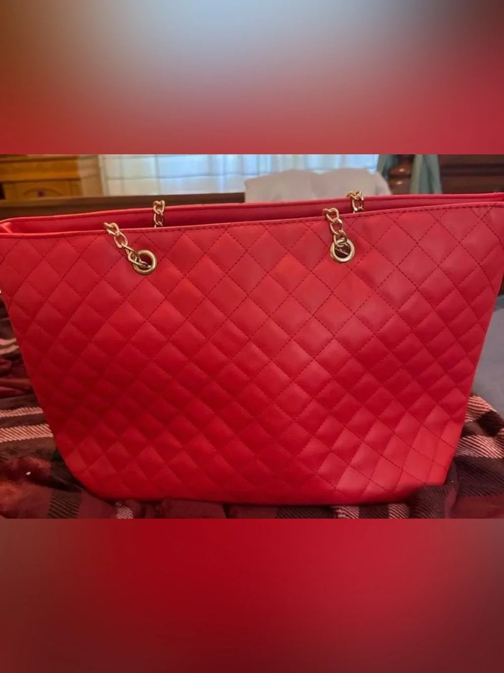 Badgley Red Quilted Tote with Gold Chain Handles